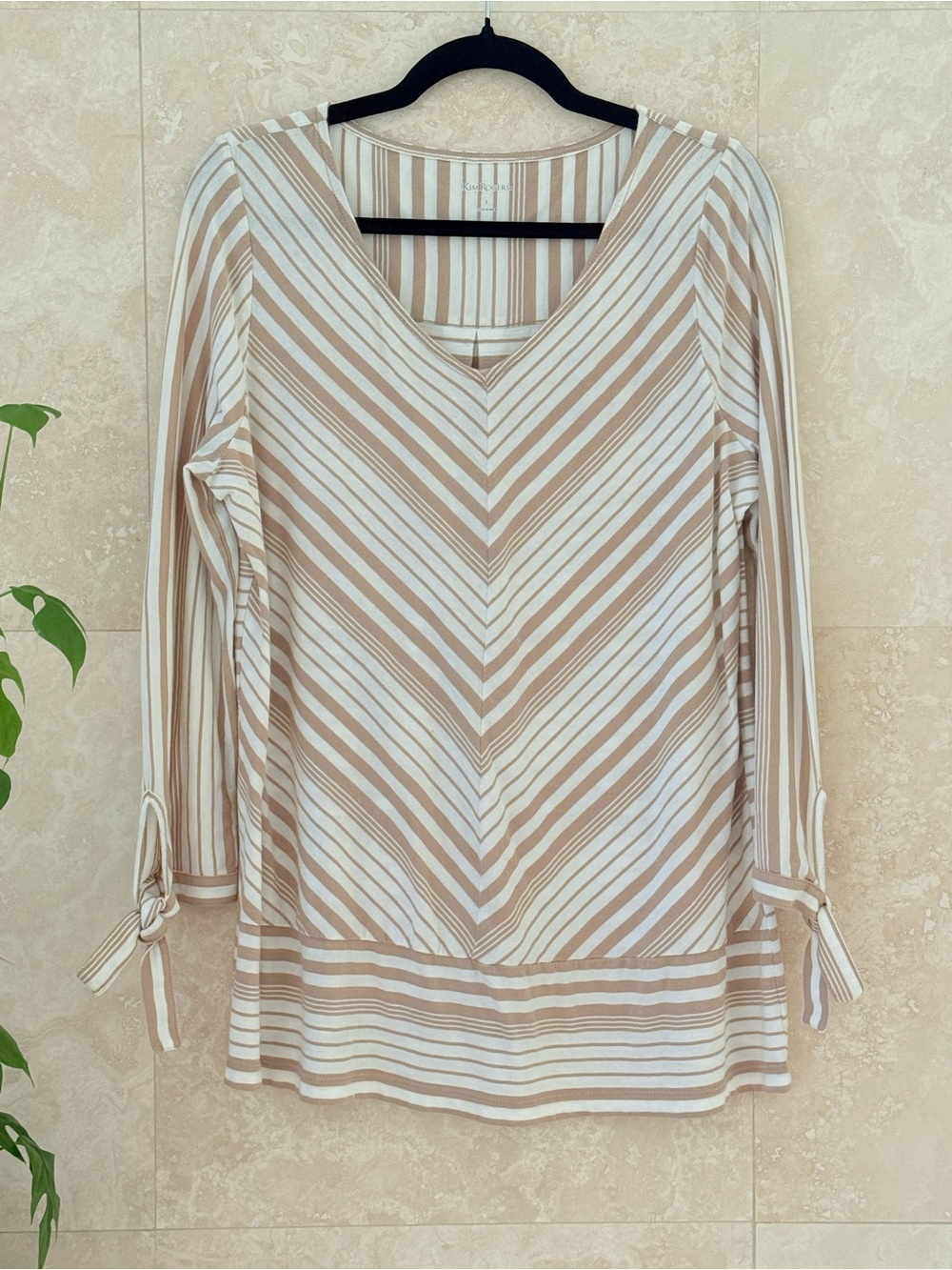 Kim Rogers Chevron Stripe Tie Cuff Top Tan White Size Large